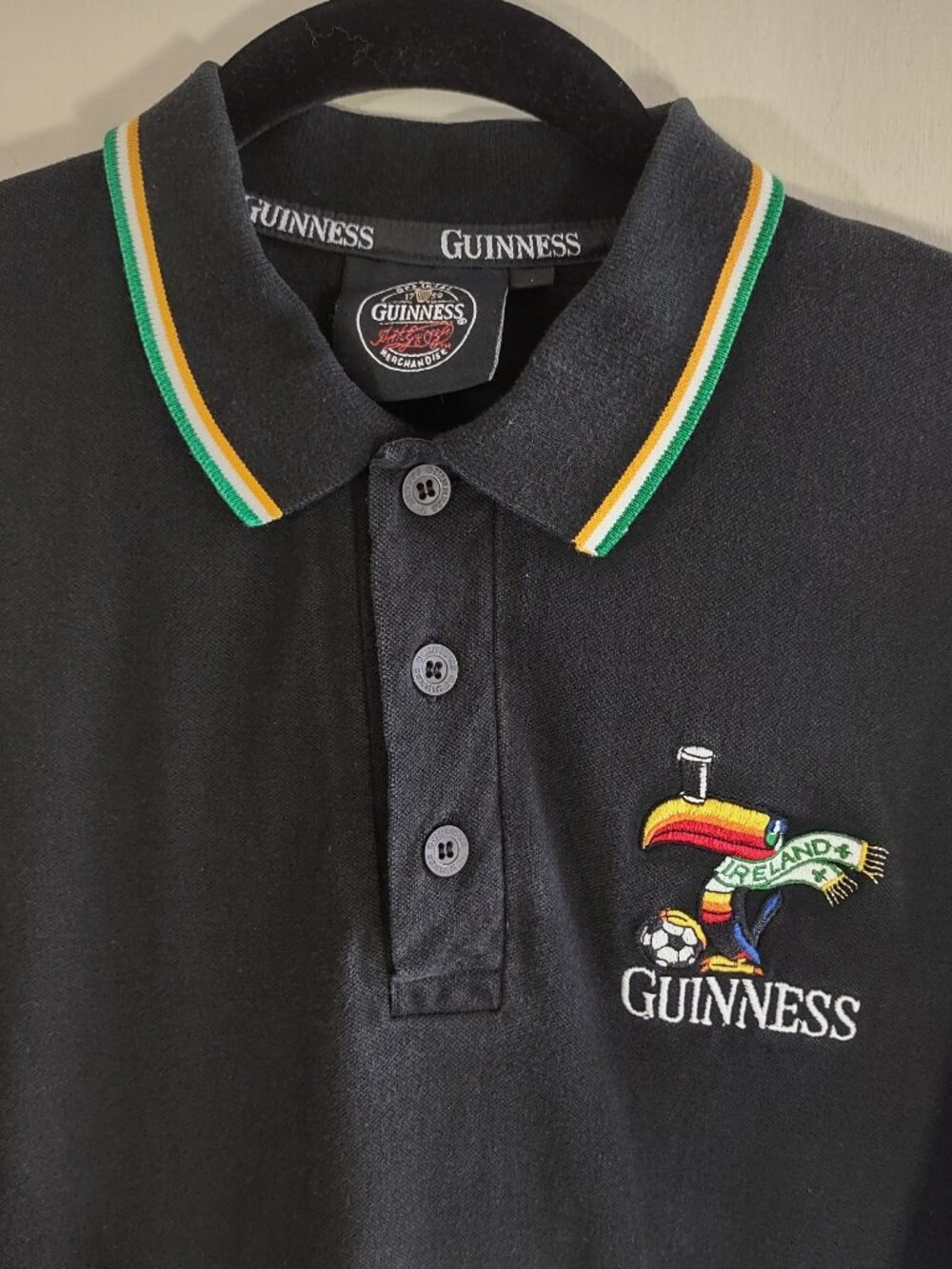 Guinness Ireland Toucan Polo Shirt Men's Large Black w/ Stripes Soccer Football - Picture 8 of 12